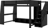 A black loft bed with a desk and storage shelves, shown against a white background. Náhled obrázku produktu