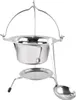 A stainless steel serving set with a mini-kettle, stand, and ladle against a white background. Anteprima dell’immagine prodotto