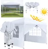 A collage of images showing a white pop-up canopy tent in various states of assembly and use, with graphics indicating sun protection. Náhled obrázku produktu