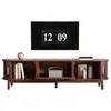 A modern wooden TV stand with a digital clock displayed on the wall above it. Voir les images du produit