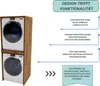 A stacked washing machine and dryer unit within a wooden cabinet, with descriptive text highlighting features. Náhled obrázku produktu
