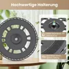 A close-up of a circular cleaning attachment with inset images highlighting its magnetic and hook features, set against a blurred background of a room with plants and a window. Produktbild-Vorschau
