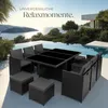 An outdoor rattan furniture set with a black table and chairs is placed on a patio next to a swimming pool with a scenic ocean view. Náhled obrázku produktu