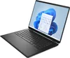 A black HP Spectre x360 convertible laptop is shown from a diagonal angle, open with the screen displaying the Windows 11 interface. Produktbild-Vorschau