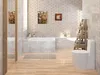 A modern bathroom with a bathtub, toilet, and shelving unit. Produktbild-Vorschau