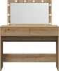 A makeup vanity table with a mirror and lights. Voir les images du produit