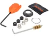 A collection of plumbing repair parts and tools, including a wrench, seals, springs, and a brush, laid out on a white background. Produktbild-Vorschau
