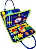A blue and green busy board for children, open and displaying various interactive elements like zippers, buckles, and a clock. Produktbild-Vorschau