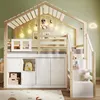 A child's house-shaped loft bed with storage and stairs, decorated with fairy lights and a mobile. Voir les images du produit
