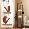 A wooden coat rack with shelves and hooks, displayed in a room setting with a window and a sofa. Close-up insets highlight product features. Anteprima dell’immagine prodotto