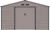 Front view of a brown metal shed with double doors and two small vents at the top. Náhľad obrázku produktu
