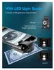 A smartphone with a clip-on microscope attachment is shown examining a US dollar bill. The image highlights the LED light guide and brightness adjustment features of the microscope. Produktbild-Vorschau