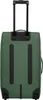 The back view of a green rolling suitcase with a black retractable handle and black wheels. Náhled obrázku produktu