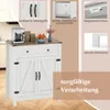 A white sideboard with a brown top, featuring close-up insets highlighting its features. Produktbild-Vorschau