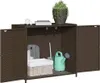 A brown poly rattan garden cabinet with its doors open, displaying gardening tools and a watering can inside. A potted plant sits on top. Podgląd zdjęcia produktu