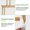 A collage of images showing details of a bamboo bookshelf, including its construction and safety features. Produktbild-Vorschau