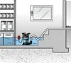 A submersible pump is shown in a flooded basement, connected to a hose that leads up and out of the flooded area. Náhľad obrázku produktu