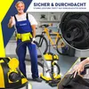 A man in work overalls is demonstrating a vacuum cleaner in a garage setting with a bicycle in the background. There are also close-up shots of the vacuum cleaner's components and a hand using an attachment. Produktbild-Vorschau
