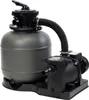 A sand filter system for a swimming pool, consisting of a large gray tank and a black pump connected by a flexible hose. Produktbild-Vorschau