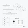 Technical drawing and dimensions of a washbasin, along with accessories. Produktbild-Vorschau
