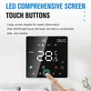 A hand is shown touching a smart thermostat mounted on a wall. Podgląd zdjęcia produktu
