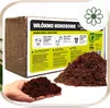 A collage of images showing a brick of coco peat, a pile of coco peat, and a hand holding coco peat, with instructional graphics and text on a packaging. Produktbild-Vorschau