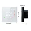 A white smart thermostat with a digital display and dimensions shown. Náhľad obrázku produktu