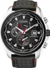 A close-up studio shot of a Citizen Eco-Drive radio-controlled men's watch with a black dial and a black leather strap with red stitching. Podgląd zdjęcia produktu