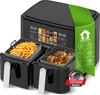 A black dual air fryer with food in the baskets, presented with marketing overlays. Produktbild-Vorschau