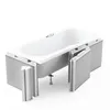 A white bathtub with its side panels partially removed to show the internal structure and insulation. Produktbild-Vorschau