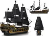 Three views of a detailed model of a pirate ship with black sails and gold accents. Podgląd zdjęcia produktu