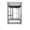 A black metal bunk bed with a desk and shelves, shown from the front against a white background. Náhled obrázku produktu