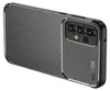 A close-up, angled view of a smartphone case with a carbon fiber texture and a camera module. Produktbild-Vorschau