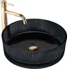 A black glass vessel sink with a gold faucet. Produktbild-Vorschau
