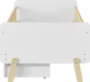 A top-down view of a white children's bed with wooden legs and drawer fronts. Podgląd zdjęcia produktu