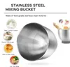 A close-up of a stainless steel mixing bowl with text and small circular images illustrating its uses. Produktbild-Vorschau