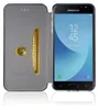 A black flip case for a Samsung Galaxy J3 2017 is shown open, revealing a credit card and the phone's screen. Produktbild-Vorschau