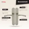 A marketing image showcasing a pair of silver door handles with descriptive text highlighting their features and benefits. Produktbild-Vorschau