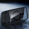A black and clear iPhone case with a camera guard is shown from a diagonal angle against a dark, smoky background. Produktbild-Vorschau