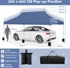 A blue pop-up pavilion is shown set up over a white car, with dimensions and features illustrated. Below are images of sandbags and a carrying bag. Podgląd zdjęcia produktu
