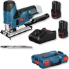 A collection of Bosch power tools and accessories, including a jigsaw, batteries, charger, saw blade, and a carrying case, arranged on a white background. Produktbild-Vorschau
