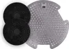 Two black circular carbon filters and a silver metal filter with many small holes are arranged on a white background. Produktbild-Vorschau