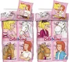 A collage of images featuring characters and horses from the Bibi & Tina franchise, likely for bedding.