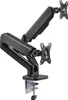 A black dual monitor desk mount with a clamp base. Náhled obrázku produktu