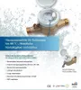 A water meter with accompanying text and logos, set against a light blue and white background with water splash graphics. Produktbild-Vorschau