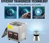 Image displays an ultrasonic cleaner with explanatory diagrams of its technology. Voir les images du produit