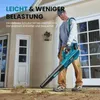 A man is using a teal leaf blower on a wooden deck outside a house. Produktbild-Vorschau