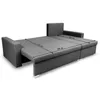A gray sectional sofa is shown in an unfolded state, with dimensions indicated by lines and text. Produktbild-Vorschau