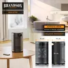 A collage showing a Brandson heater in a room setting and close-ups with dimensions. Produktbild-Vorschau