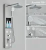 A shower panel system with multiple shower heads and controls, shown in a collage with close-ups of its features. Podgląd zdjęcia produktu